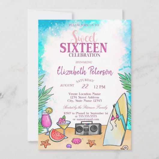 Cool Beach Cocktail Fruits Sommer Süß 16 Party Einladung (Vorderseite)