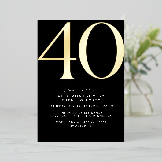 Cool Black and Gold | Womens or Mens 40th Birthday Folieneinladung (Stehend vorne)