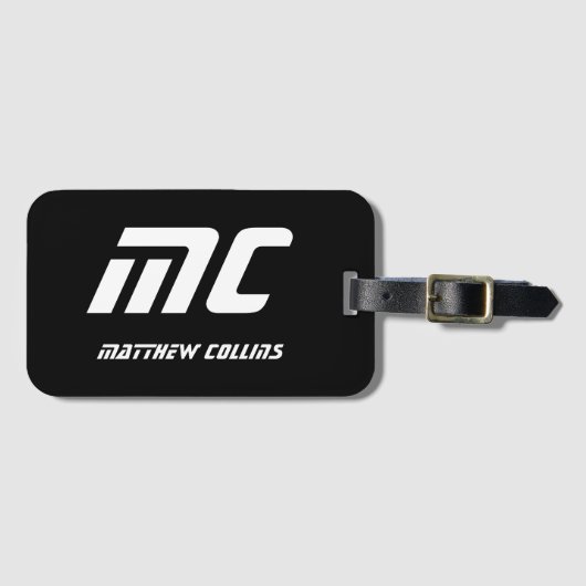 Cool Black and White Personalized Sport Monogram Gepäckanhänger (Vorderseite (Horizontal))