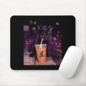 Cool black cat drinking iced coffee halloween mousepad (Mit Mouse)