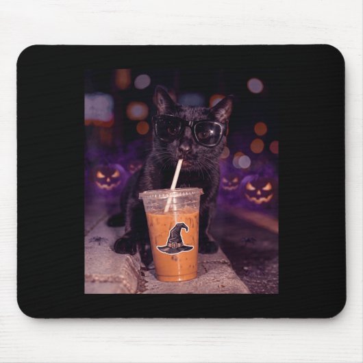 Cool black cat drinking iced coffee halloween mousepad (Vorne)