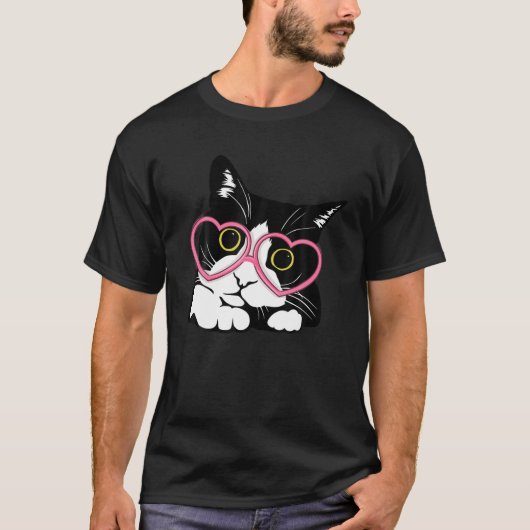 Cool Black Cat Kitten Red Heart Brillen Happy vale T-Shirt (Vorderseite)