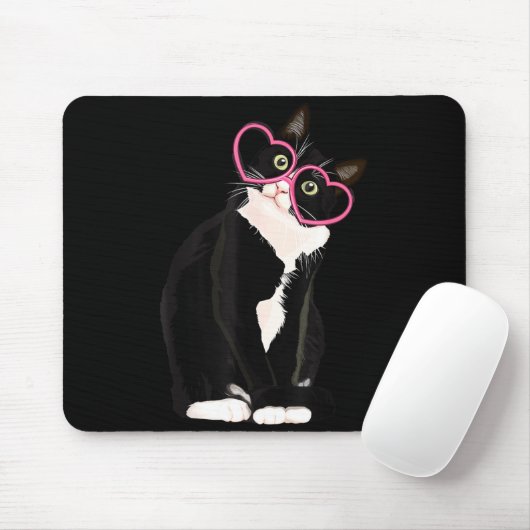 Cool Black Cat Kitten Red Heart Gles Happy Valenti Mousepad (Mit Mouse)