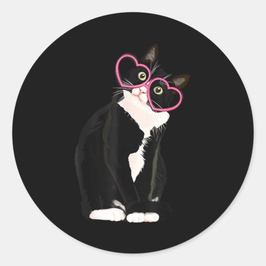 Cool Black Cat Kitten Red Heart Gles Happy Valenti Runder Aufkleber (Vorderseite)