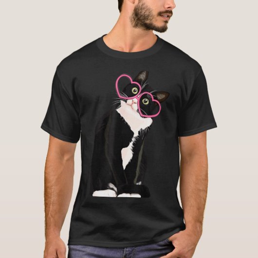 Cool Black Cat Kitten Red Heart Gles Happy Valenti T-Shirt (Vorderseite)