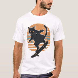 Cool Black Cat Skateboarder Retro 80s Sunset Graph T-Shirt