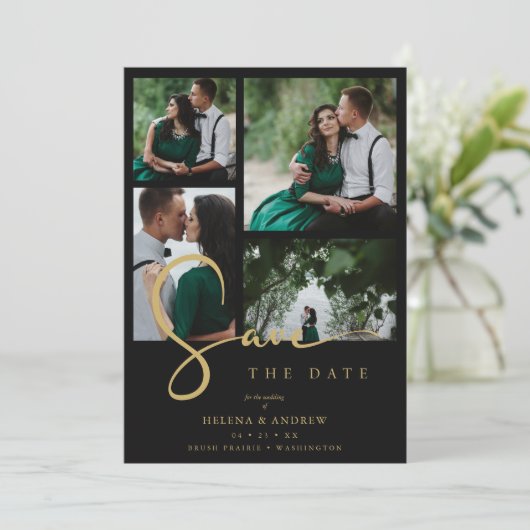 Cool Black Trend 4 Multi Photos Collage QR Wedding Save The Date (Stehend Vorderseite)