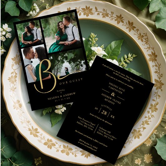 Cool Black Trendy 4 Multi Photos Collage Wedding Einladung