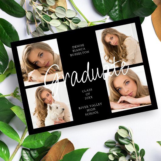 Cool Black Trendy Collage Graduate 4 Multi Photos Einladung