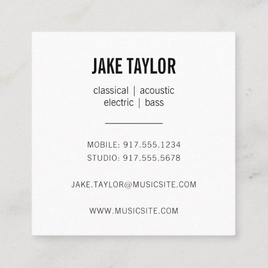 Cool Black & White Guitar Instructor Quadratische Visitenkarte (Rückseite)