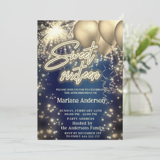 Cool-blaue Goldballon-Funkfeuerwerk Einladung (Stehend Vorderseite)