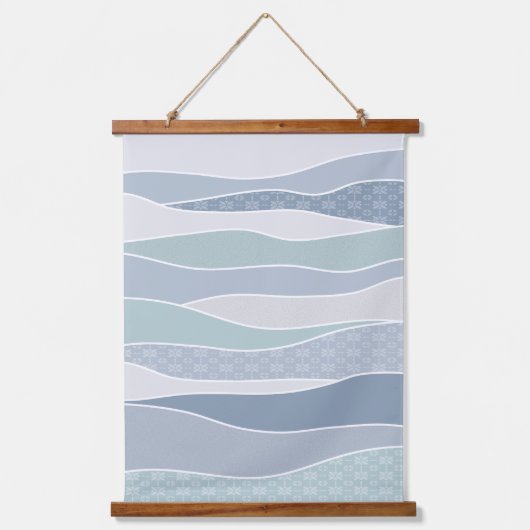 Cool blaugrüne, abgerundete Streifen Abstrakte Wav Wandteppich Mit Holzrahmen (Vorderseite)
