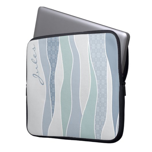 Cool blaugrüne Streifen Abstrakte Waves Name Laptopschutzhülle (Vorderseite Links)