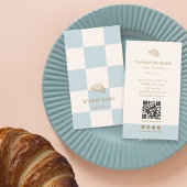 Cool Blue Checkered Cafe Croissant QR Bakery Visitenkarte