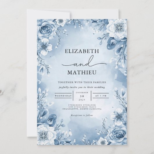 Cool Blue Floral Blüh Wedding Einladung (Vorderseite)