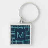 Cool Blue Geometric Grid Pattern Monogram Schlüsselanhänger (Vorne)