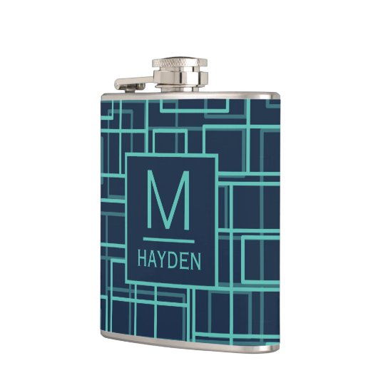 Cool Blue Geometric Grid Pattern Monogrammed Flask Flachmann (Links)