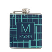 Cool Blue Geometric Grid Pattern Monogrammed Flask Flachmann (Vorderseite)