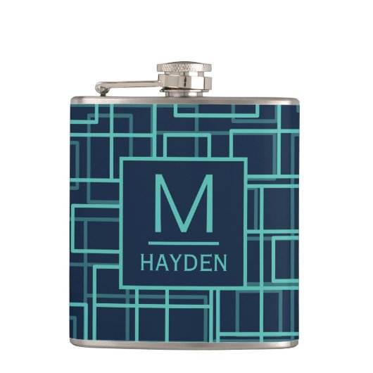 Cool Blue Geometric Grid Pattern Monogrammed Flask Flachmann (Vorderseite)