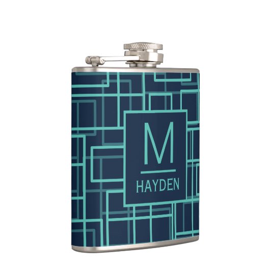 Cool Blue Geometric Grid Pattern Monogrammed Flask Flachmann (Rechts)