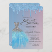 Cool Blue Glitzer Tropfen, Blue Dress Sweet 16 Einladung (Vorne/Hinten)