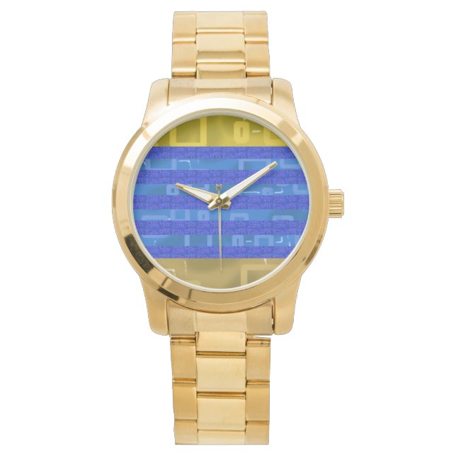 Cool Blue Gold Geometric Stripes Armbanduhr (Vorderseite)
