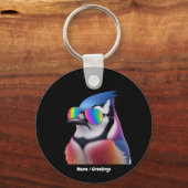 Cool Blue Jay Bird Tragen einer Sonnenbrille Retro Schlüsselanhänger (Vorderseite)
