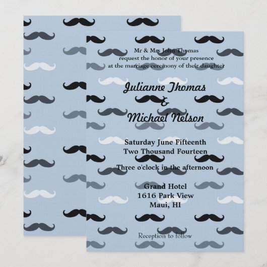 Cool Blue Mustaches Wedding Einladung (Vorne/Hinten)
