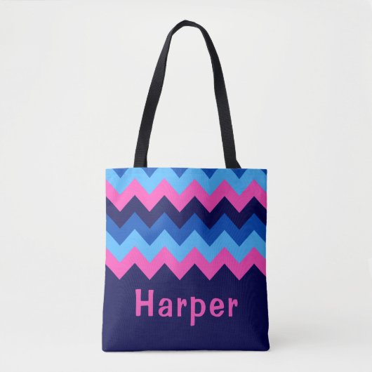 Cool-Blue-Pink-Zickzack-Monogramm-Totbeutel Tasche (Vorderseite)