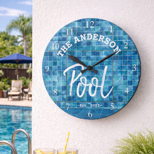 Cool Blue Tile Swimming Pool Family Name Custom La Große Wanduhr