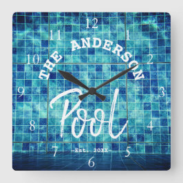 Cool Blue Tile Swimming Pool Family Name Custom La Quadratische Wanduhr