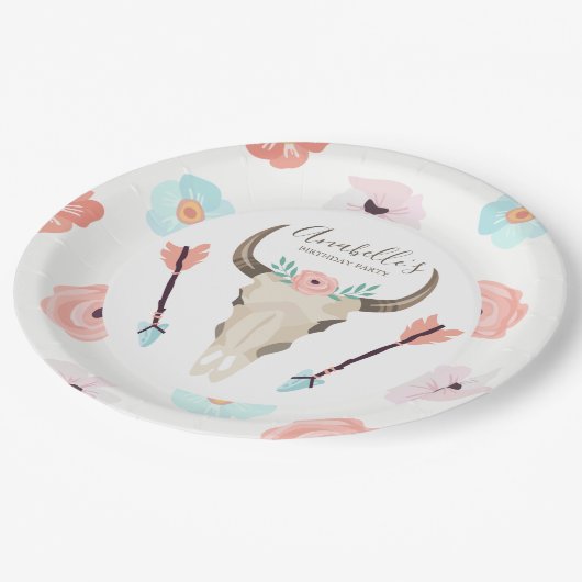 Cool Boho Floral Cow Skull Pappteller (Schrägansicht)