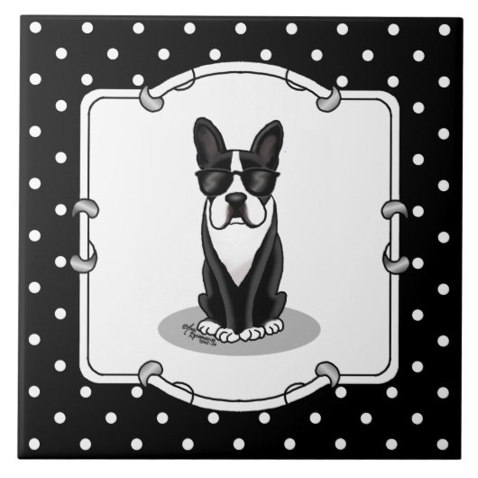 Cool Boston Terrier mit Sonnenbrille (schwarz) Fliese (Vorderseite)