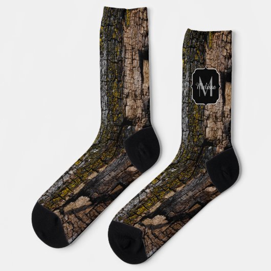 Cool-Braune Braunholzrinde, gelb Flecht Monogram Socken (Linkes Detail)