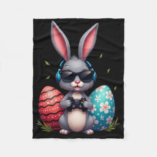 Cool Bunny With Sungl And Video Games Decor Easter Fleecedecke (Vorderseite)
