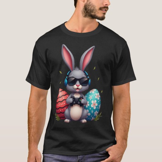Cool Bunny With Sungl And Video Games Decor Easter T-Shirt (Vorderseite)
