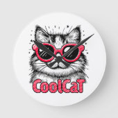 Cool Cat 1 Runde Wanduhr (Vorderseite)