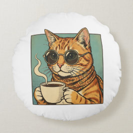Cool Cat Coffee Retro Style Design for Cat Lovers Rundes Kissen