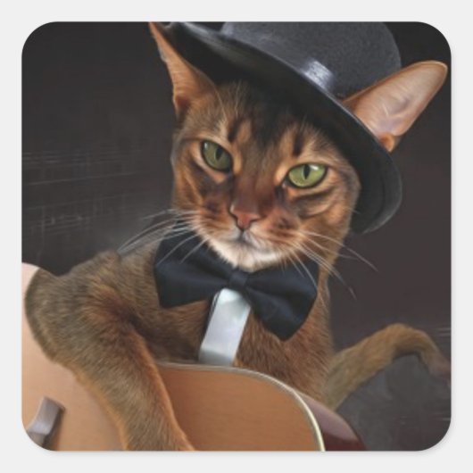 Cool Cat Guitarist – Minimal Elegant Design Quadratischer Aufkleber (Vorderseite)