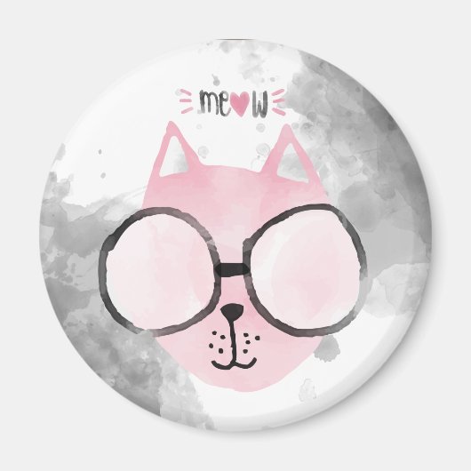 Cool Cat Pink Wasserfarbe Meow Magnet (Vorne)