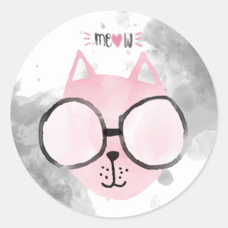 Cool Cat Pink Wasserfarbe Meow Runder Aufkleber
