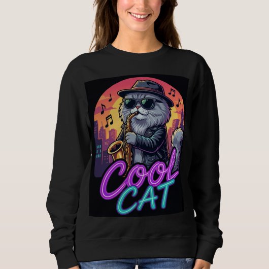 Cool Cat Saxophone – Retro Neon 90s Jazz Cat Desig Sweatshirt (Vorderseite)