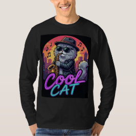 Cool Cat Saxophone – Retro Neon 90s Jazz Cat Desig T-Shirt