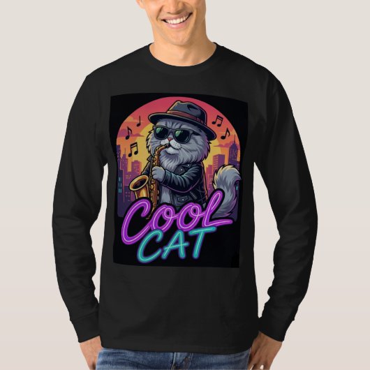 Cool Cat Saxophone – Retro Neon 90s Jazz Cat Desig T-Shirt (Vorderseite)