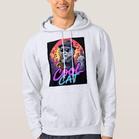 Cool Cat Saxophone –Retro Neon 90s Jazz Cat Design Hoodie (Vorderseite)