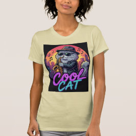 Cool Cat Saxophone –Retro Neon 90s Jazz Cat Design T-Shirt