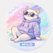 Cool Cat Tote Bag with Name MILO | Cute Aesthetic Runder Aufkleber (Vorderseite)