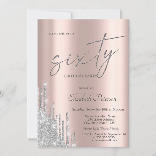 Cool Chic Silver Glitzer Tropfen Rose Gold 60. Einladung (Vorderseite)
