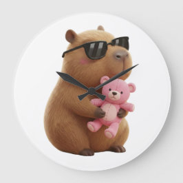 Cool Chill Capybara with Pink Teddy Bear Große Wanduhr