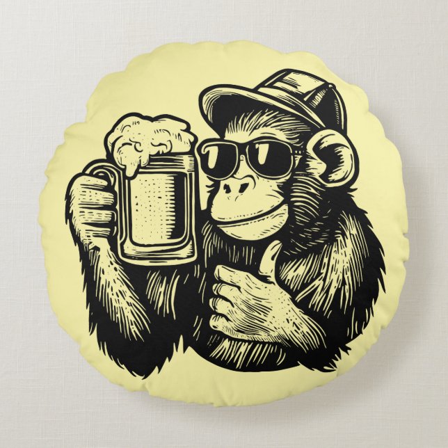 Cool Chimpanzee Beer Rundes Kissen (Vorderseite)